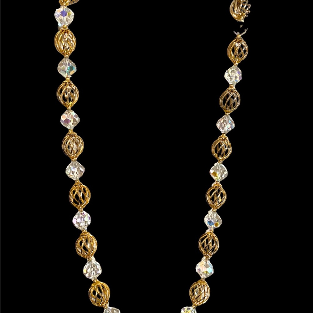 Vintage Crystal Gold Plated Beads Necklace Aurora Borealis Faceted Crystal Bead